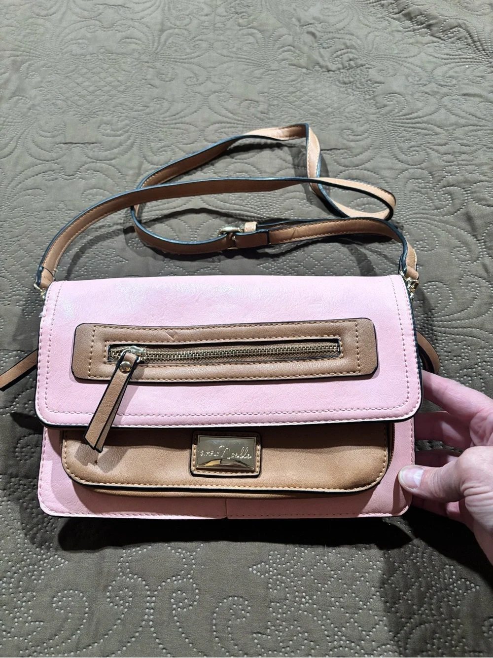 Simply Noelle Pink and Tan Crossbody Bag with Front Zip Pocket